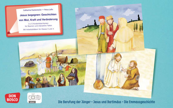 Jesus begegnen: Geschichten von Mut, Kraft und Veränderung. 3 × 5 Kinderbibel-Karten für Beamer und interaktive Tafeln. Mit Arbeitsblättern für Klasse 3 und 4. eKami