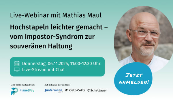 Webinar-Ankündigung: ‚Hochstapeln leichter gemacht‘ mit Mathias Maul am 06.11.2025, 11:00–12:30 Uhr. Live-Stream mit Chat. Veranstalter: PlanetPsy.