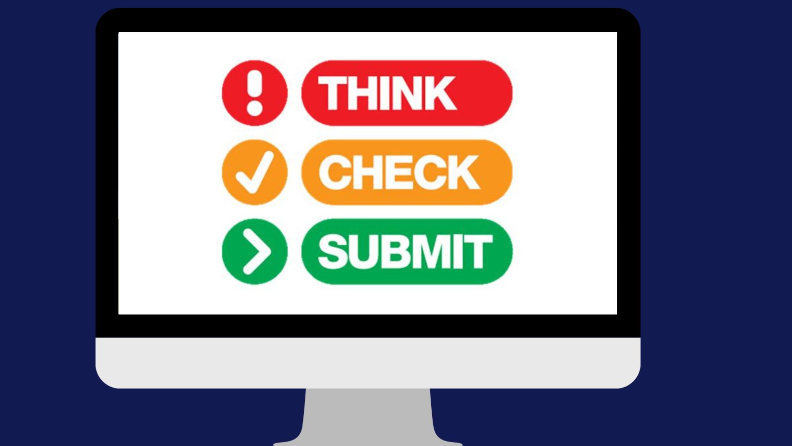 Computerbildschirm, auf dem das Logo von "Think, Check, Submit" zu sehen ist