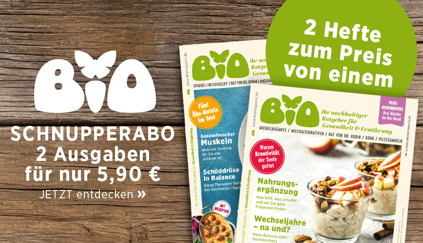 Zwei BIO-Ausgaben neben Text »2 Ausgaben für nur 5,90 €«