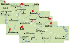 Radkarte, Fahrradkarte, E-Bike-Karte, Regionalkarte, ADFC, Thüringer Wald, Eisenach, Gotha, Arnstadt, Rudolstadt, Saalfeld, Ilmenau, Bad Salzungen, Schmalkalden, Suhl, Meiningen, Eisfeld, Steinach, Bad Lobenstein, Werra, Ilm, Saale