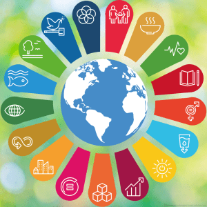 image Eine Weltkugel umgeben von den Symbolen der Sustainable Development Goals 
