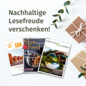 image Drei Zeitschriften liegen neben ein paar Geschenken. Schriftzug: Nachhaltige Lesefreude verschenken!
