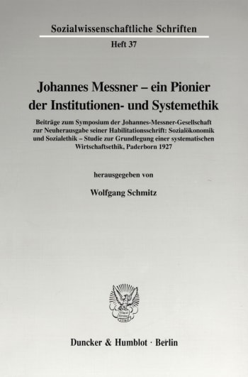 Cover: Johannes Messner - ein Pionier der Institutionen- und Systemethik