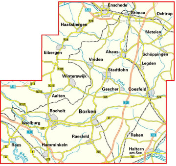 Radkarte, Fahrradkarte, Kreiskarte, Münsterland, Borken, Enschede, Gronau, Ochtrup, Metelen, Ahaus, Schöppingen, Legden, Vreden, Stadtlohn, Gescher, Coesfeld, Winterswijk, Isselburg, Bocholt, Borken, Rees, Hamminkeln, Raesfeld, Reken, Haltern am See, Rhein, Lippe, Berkel