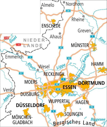 Radkarte, Fahrradkarte, Radtourenkarte, Münsterland, Nordhorn, Rheine, Greven, Ahaus, Münster, Niederrhein, Wesel, Emmerich, Moers, Duisburg, Düsseldorf, Mönchengladbach, Recklinghausen, Essen, Dortmund, Hamm, Wuppertal, Hagen, Solingen, Bergisches Land, Ems, Rhein, Ruhr, Lippe, Dortmund-Ems-Kanal, Maas, Biggesee