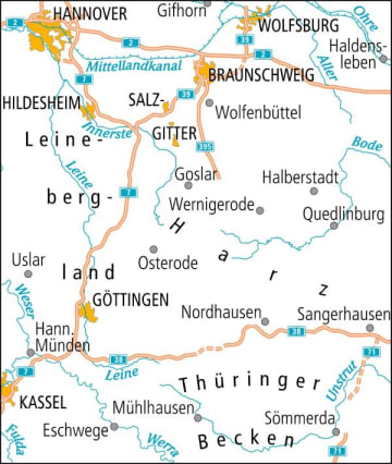 Radkarte, Fahrradkarte, Radtourenkarte, ADFC, Hannover, Wolfsburg, Braunschweig, Salzgitter, Hildesheim, Leinetal, Leinebergland, Göttingen, Hann. Münden, Kassel,Harz, Goslar, Halberstadt, Wernigerode, Quedlinburg, Osterode, Nordhausen, Sangerhausen, Thüringer Becken, Eschwege, Mühlhausen, Sömmerda, Mittellandkanal, Aller, Leine, Weser, Werra, Unstrut