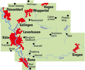 Radkarte, Fahrradkarte, Regionalkarte, ADFC, Düsseldorf, Wuppertal, Hagen, Solingen, Leverkusen, Köln, Bonn, Siegen, Bergisch Gladbach, Gummersbach, Olpe, Lüdenscheid, Plettenberg, Rhein, Sieg, Wupper