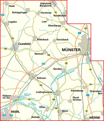 Radkarte, Fahrradkarte, Kreiskarte, Münsterland, Coesfeld, Heek, Schöppingen, Legden, Billerbeck, Havixbeck, Münster, Nottuln, Dülmen, Senden, Haltern am See, Lüdinghausen, Ascheberg, Drensteinfurt, Nordkirchen, Selm, Olfen, Datteln, Marl, Lippe, Werse