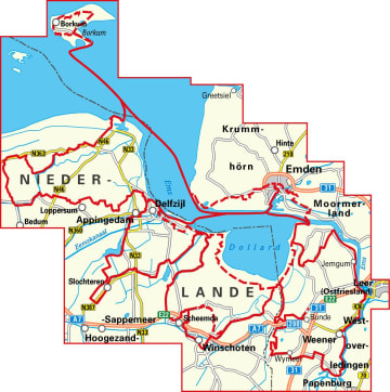 Radkarte, Fahrradkarte, Dollard, Borkum, Emden, Leer, Weener, Papenburg, Winschoten, Appingedam, Delfzijl, Ems