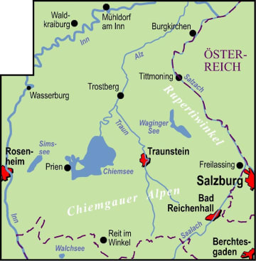 Radkarte, Fahrradkarte, Regionalkarte, ADFC, Chiemgau, Waldkraiburg, Mühldorf, Wasserburg, Rosenheim, Prien, Traunstein, Salzburg, Bad Reichenhall, Berchtesgaden, Inn, Alz, Salzach, Waginger See, Chiemsee, Traun