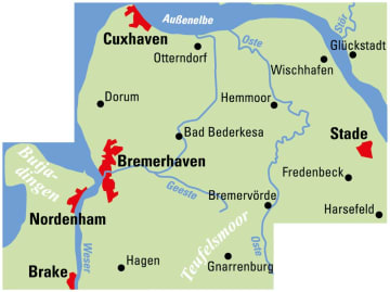 Radkarte, Fahrradkarte, Regionalkarte, ADFC, Cuxhaven, Bremerhaven, Nordenham, Brake, Butjadingen, Teufelsmoor, Gnarrenburg, Bad Bederkesa, Bremervörde, Stade, Glückstadt, Elbe, Weser, Geeste, Oste