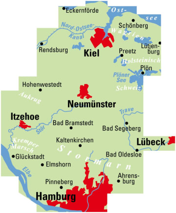 Radkarte, Fahrradkarte, Regionalkarte, ADFC, Hamburg, Lübeck, Itzehoe, Neumünster, Kiel, Rendsburg, Eckernförde, Nord-Ostsee-Kanal, Plön, Plöner See, Elbe, Trave