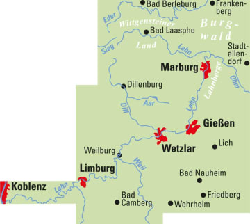 Radkarte, Fahrradkarte, Regionalkarte, Lahntal, Bad Berleburg, Frankenberg, Bad Laasphe, Wittgensteiner Land, Marburg, Stadtallendorf, Dillenburg, Gießen, Wetzlar, Limburg, Weilburg, Koblenz, Bad Camberg, Bad Nauheim, Friedberg, Eder, Sieg, Lahn, Dill, Aar, Ohm, Weil