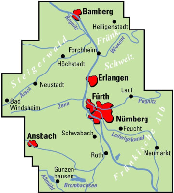 Radkarte, Fahrradkarte, Regionalkarte, ADFC, Bamberg, Forchheim, Erlangen, Fürth, Feucht, Ansbach, Schwabach Roth, Gunzenhausen, Altmühl, Regnitz, Pegnitz, Aisch, Steigerwald, Fränkische Schweiz, Fränkische Alb, Brombachsee, 