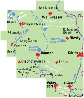 Radkarte, Fahrradkarte, Regionalkarte, ADFC, Oberlausitz, Lausitzer Seen, Weißwasser, Hoyerswerda, Kamenz, Bautzen, Niesky, Görlitz, Löbau, Bischofswerda, Varnsdorf, Zittau, Schwarze Elster, Spree, Neiße