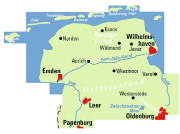 Radkarte, Fahrradkarte, Regionalkarte, ADFC, Ostfriesland, Borkum, Juist, Norderney, Baltrum, Langeoog, Spiekeroog, Wangerooge,. Norden, Esens, Wilhelmshaven, Jever, Wittmund, Aurich, Emden, Leer, Papenburg, Wiesmoor, Westerstede, Varel, Oldenburg, Zwischenahner Meer, Ems, Jade