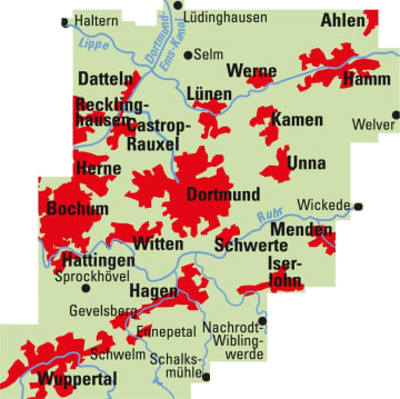 Radkarte, Fahrradkarte, Regionalkarte, ADFC, Ruhrgebiet, Haltern, Lüdinghausen, Ahlen, Hamm, Werne, Lünen, Kamen, Unna, Dortmund, Castrop-Rauxel, Recklinghausen, Datteln, Herne, Bochum, Hattingen, Witten, Hagen, Gevelsberg, Wuppertal, Ennepetal, Iserlohn, Schwerte, Menden, Lippe, Ruhr, Dortmund-Ems-Kanal 