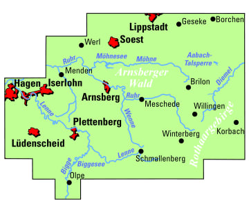 Radkarte, Fahrradkarte, Regionalkarte, ADFC, Sauerland, Lippstadt, Soest, Möhnesee, Menden, Iserlohn, Hagen, Arnsberg, Plettenberg, Lüdenscheid, Olpe, Biggesee, Schmallenberg, Winterberg, Meschede, Willingen, Brilon, Korbach, Diemel, Möhne, Ruhr, Lenne, Bigge