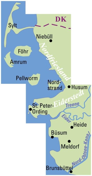 Radkarte, Fahrradkarte, Regionalkarte, ADFC, Nordfriesland, Sylt, Föhr, Amrum, Pellworm, Nordstrand, Husum, Eiderstedt, St. Peter Ording, Heide, Büsum, Meldorf, Brunsbüttel, Eider, Treene, Nord-Ostsee-Kanal