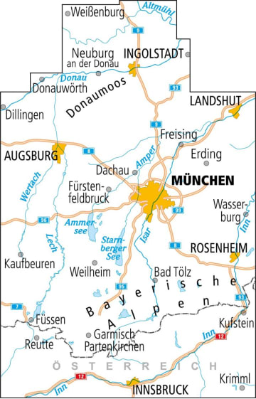 Radkarte, Fahrradkarte, Radtourenkarte, ADFC, Oberbayern, Ingolstadt, Donauwörth, Dillingen, Donaumoos, Landshut, Augsburg, Freising, Erding, Dacheu, Fürstenfeldbruck, München, Wasserburg, Rosenheim, Kaufbeuren, Weilheim, Bad Tölz, Füssen, Garmisch-Partenkirchen, Innsbruck, Kufstein, Donau, Altmühl, Amper, Isar, Inn, Lech, Ammersee, Starnberger See