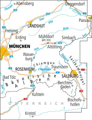 Radkarte, Fahrradkarte, Radtourenkarte, ADFC, Oberbayern, Abensberg, Deggendorf, Passau, Landshut, Freising, Erding, München, Wasserburg, Mühldorf, Altötting, Simbach, Rosenheim, Chiemgau, Taunstein Salzburg, Bad Tölz, Kufstein, Berchtesgaden, Salzburg, Isar, Donau, Inn, Salzach, Chiemsee