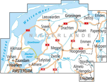 Radkarte, Fahrradkarte, Radtourenkarte, ADFC, Niederlande, Leeuwarden, Groningen, Delfzijl, Sneek, Drachten, Assen, Emden, Papenburg, Meppen, Lingen, Nordhorn, Meppel, Hoogeveen, Emmen, Almelo, Hengelo, Enschede, Zwolle, Lelystad, Almere, Amsterdam, Haarlem, Zaandam, Velsen, Alkmaar, Ijsselmeer