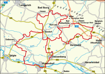 Radkarte, Fahrradkarte, Radwanderkarte, Grenzgänger, Teutoburger Wald, Ems, Bad Iburg, Hilter, Glandorf, Bad Laer, Bad Rothenfelde, Dissen, Borgholzhausen, Halle, Versmold, Sassenberg, Warendorf, Ostbevern, Telgte, Ems