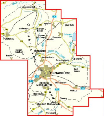 Radkarte, Fahrradkarte, Radwanderkarte, Osnabrücker Land, Quakenbrück, Fürstenau, Ankum, Bersenbrück, Holdorf, Steinfeld, Damme, Dümmer, Neuenkirchen-Vörden, Bramsche, Wallenhorst, Osnabrück, Georgsmarienhütte, Bissendorf, Melle, Bad Iburg, Glandorf, Bad Rothenfeld, Dissen, Versmold, Hase, Hunte, Mittellandkanal