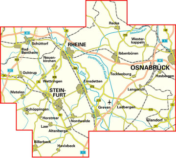 Radkarte, Fahrradkarte, Kreisradwanderkarte, Münsterland, Bad Bentheim, Rheine, Ibbenbüren, Osnabrück, Ochtrup, Wettringen, Metelen, Steinfurt, Emsdetten, Lengerich, Schöppingen, Horstmar, Greven, Ladbergen, Glandorf, Billerbeck, Havixbeck, Ems, Dortmund-Ems-Kanal, Mittellandkanal