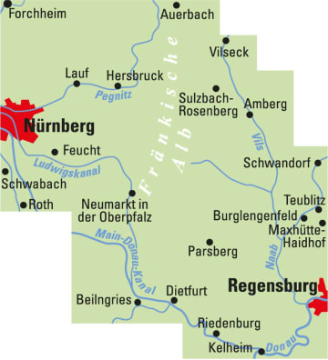 Radkarte, Fahrradkarte, Regionalkarte, ADFC, Nürnberger Land, Oberpfalz, Nürnberg, Lauf, Amberg, Schwandorf, Roth, Neumarkt, Beilngries, Dietfurt, Regensburg, Riedenburg, Kelheim, Fränkische Alb, Main-Donau-Kanal, Pegnitz, Vils, Naab, Donau