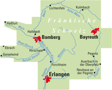 Radkarte, Fahrradkarte, E-Bike-Karte, Regionalkarte, ADFC, Fränkische Schweiz, Bamberg, Bayreuth, Erlangen, Kulmbach, Lichtenfels, Forchheim, Main, Main-Donau-Kanal, Pegnitz