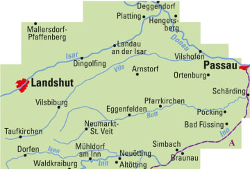 Radkarte, Fahrradkarte, Regionalkarte, ADFC, Niederbayern, Deggendorf, Vilshofen, Passau, Dingolfing, Landshut, Taufkirchen, Eggenfelden, Bad Füssing, Altötting, Waldkraiburg, Isar, Donau, Vils, Rott, Inn