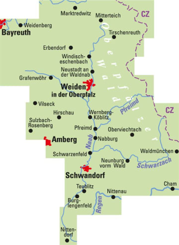 Radkarte, Fahrradkarte, E-Bike-Karte, Regionalkarte, ADFC, Oberpfalz, Oberpfälzer Wald, Bayreuth, Weiden, Amberg, Schwandorf, Naab, Schwarzach, Regen