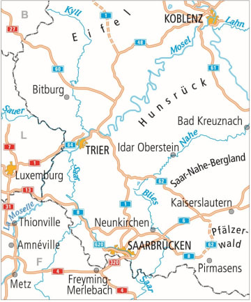 Radkarte, Fahrradkarte, Radtourenkarte, ADFC, Eifel, Koblenz, Bitburg, Trier, Luxembourg, Hunsrück, Idar-Oberstein, Bad Kreuznach, Saarland, Neunkirchen, Saarbrücken, Pfälzer Wald, Kaiserslautern, Pirmasens, Mosel, Lahn, Kyll, Nahe, Saar, Blies