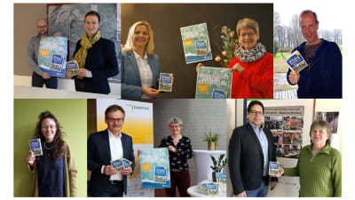 Collage der Bügermeister:innen und Beteiligten am Klimasparbuch, die alle das Klimasparbuch hochhalten und in die Kamera lächeln.