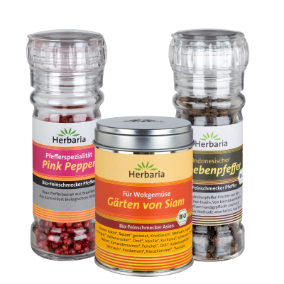 Bio-Gewürz-Set von Herbaria mit Thai-Gewürzmischung, Pink Pepper und Kuebenpfeffer