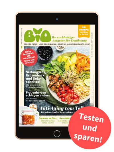 BIO-Ausgabe auf Tablet mit Button „Testen und sparen“