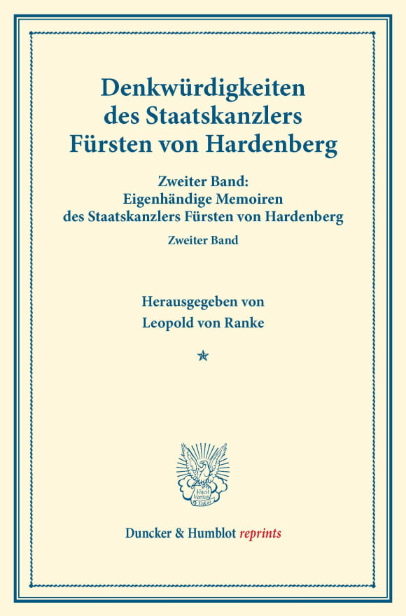 Cover Denkwürdigkeiten des Staatskanzlers Fürsten von Hardenberg