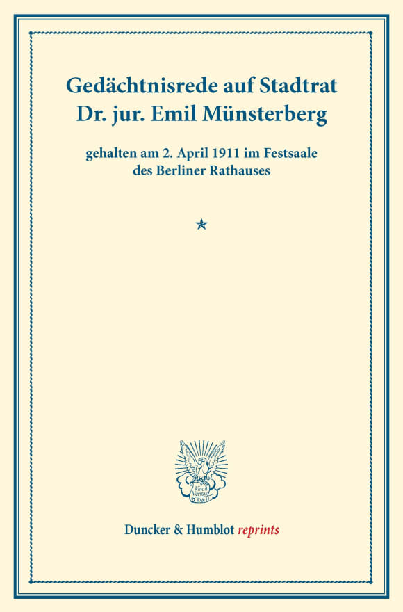 Cover Gedächtnisrede auf Stadtrat Dr. jur. Emil Münsterberg,