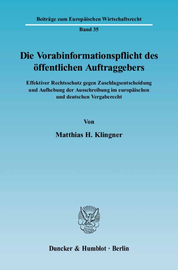 Cover Die Vorabinformationspflicht des öffentlichen Auftraggebers