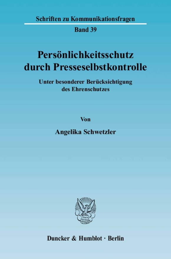 Cover Persönlichkeitsschutz durch Presseselbstkontrolle