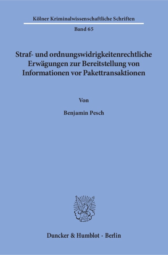 Cover Straf- und ordnungswidrigkeitenrechtliche Erwägungen zur Bereitstellung von Informationen vor Pakettransaktionen