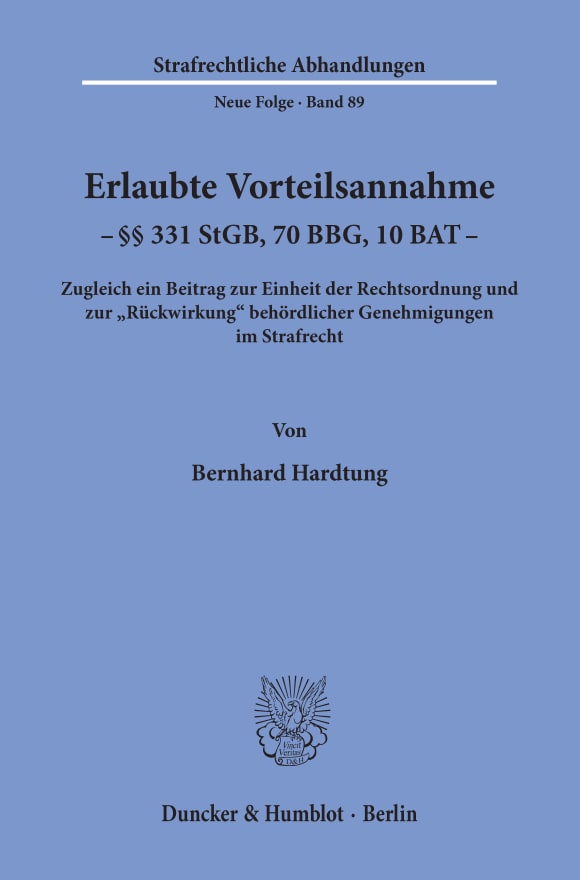 Cover Erlaubte Vorteilsannahme - §§ 331 StGB, 70 BBG, 10 BAT