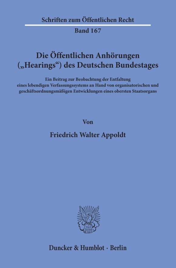 Cover Die Öffentlichen Anhörungen (»Hearings«) des Deutschen Bundestages