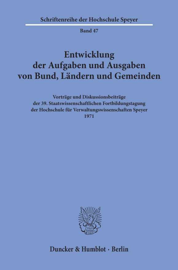 Cover Entwicklung der Aufgaben und Ausgaben von Bund, Ländern und Gemeinden