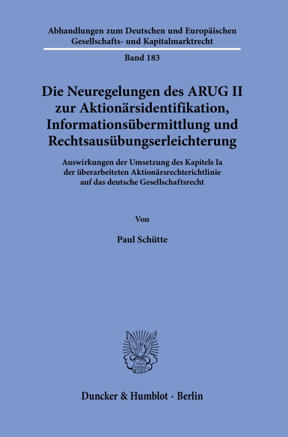 Cover Die Neuregelungen des ARUG II zur Aktionärsidentifikation, Informationsübermittlung und Rechtsausübungserleichterung