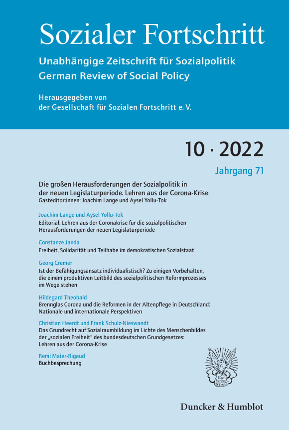 Cover Die großen Herausforderungen der Sozialpolitik in der neuen Legislaturperiode. Lehren aus der Corona-Krise (SF 10/2022)