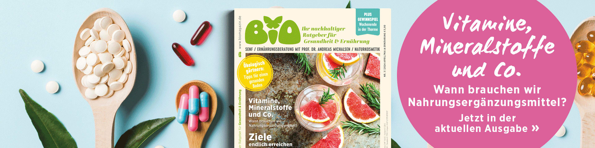 Holzlöffel mit Tabletten, daneben das BIO-Cover der Ausgabe 3/24