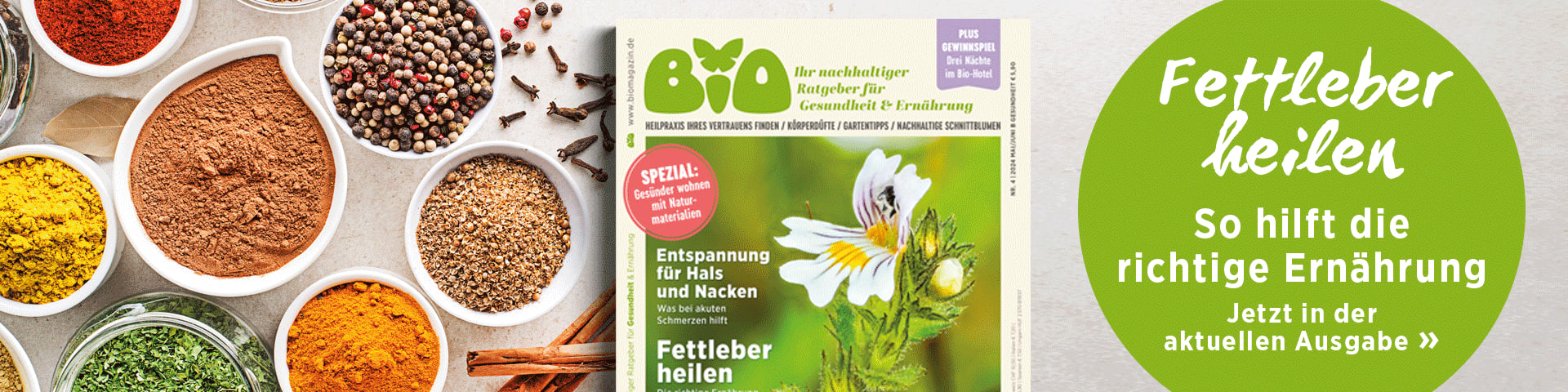 Schälchen mit unterschiedlichen Gewürzen, daneben das BIO-Cover der Ausgabe 4/24